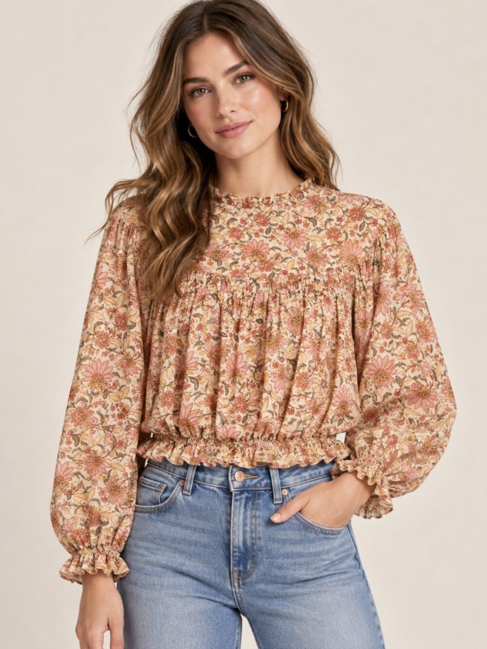 Industry Republic Floral Smocked Peasant Blouse Boho Crop Top Pink Large